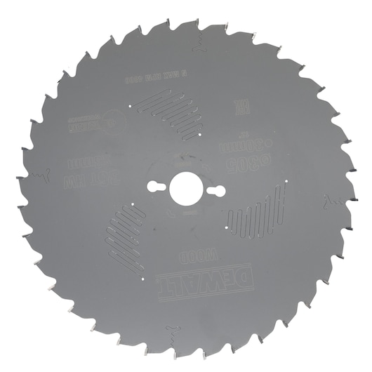 A circular saw blade for wood cutting, branded DEWALT, with multiple sharp teeth around the edge and technical specifications etched onto the surface.