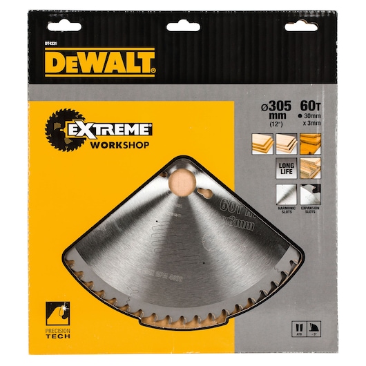 DEWALT DT4331 Extreme Workshop circular saw blade in retail packaging. The blade is silver with 60 teeth, designed for woodworking with a diameter of 305 mm and a thickness of 3 mm. The packaging is yellow and gray with product features and icons listed.