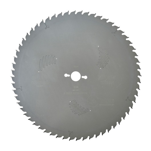 A DEWALT circular saw blade with sharp teeth and etched specifications on its surface. The blade is designed for cutting wood and features slots for heat dissipation and mounting holes in the center.
