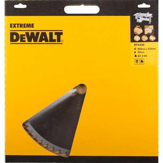 Packaging for a DEWALT Extreme circular saw blade, model DT4338, designed for woodworking. The packaging is yellow and black, showing a part of the saw blade and product specifications.