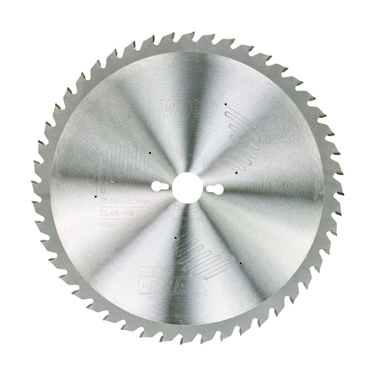 DEWALT circular saw blade DT4340, made of metal with sharp teeth around the edge, designed for cutting wood.