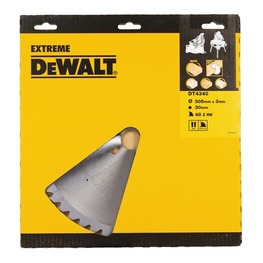 DEWALT DT4340 saw blade in yellow packaging, labeled 305mm x 3mm, 48 teeth, suitable for wood cutting.