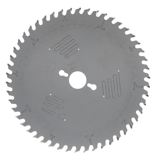 A DEWALT circular saw blade with multiple sharp teeth around the edge and several cut-outs in the metal for heat dissipation and reduced noise.