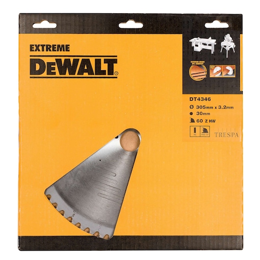 DEWALT DT4346 saw blade in yellow packaging with product specs and partial blade visible.