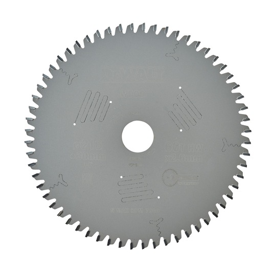 DEWALT circular saw blade for wood, silver color with sharp teeth around the edge and center mounting hole.