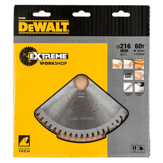 DEWALT DT4350 saw blade, Extreme Workshop, 216mm, 60T, packaged for wood cutting.