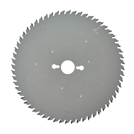 A circular saw blade designed for wood cutting, featuring evenly spaced teeth around its edge and several slots for vibration reduction. The blade is marked with product and manufacturer details.