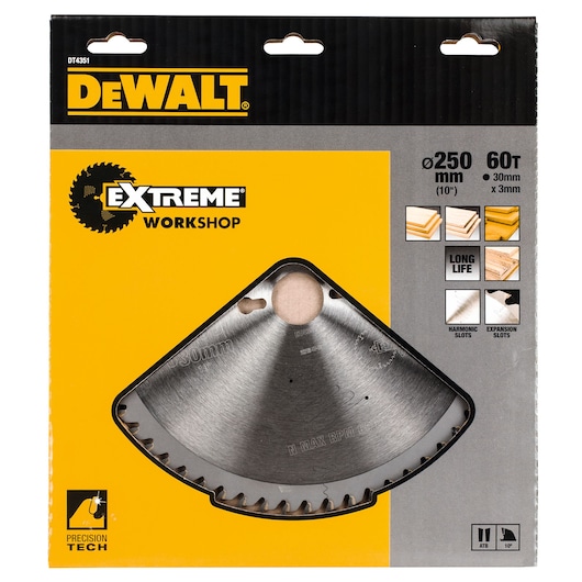 Packaging of a DEWALT DT4351 Extreme Workshop circular saw blade, showing a partially exposed metal blade. The packaging is yellow and black, displays technical details such as 250 mm diameter, 60 teeth, 30 mm x 3 mm size, and features icons for long life, harmonic slots, expansion slots, and material compatibility.