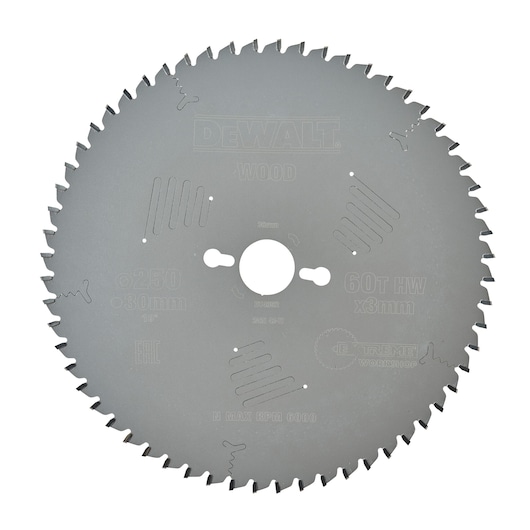 Circular saw blade for wood, DEWALT branded, with 60 teeth and specifications engraved on the surface, designed for woodworking.