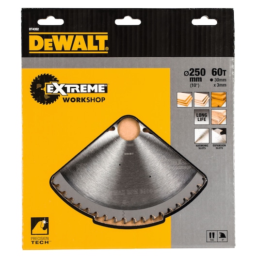 DEWALT DT4352 Extreme Workshop circular saw blade in its original packaging. The blade is 250 mm in diameter with 60 teeth and includes information about precision technology, long life, and compatibility for cutting different types of wood materials. The packaging is mostly yellow and black with industrial-themed design elements.