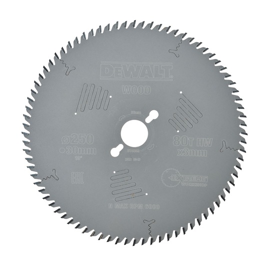 A circular saw blade by DEWALT, model DT4353, designed for cutting wood. The blade has 80 teeth and is marked with specifications including 250mm diameter, 30mm bore, 3mm thickness, maximum RPM 6000, and 'EXTREME WORKSHOP' branding.
