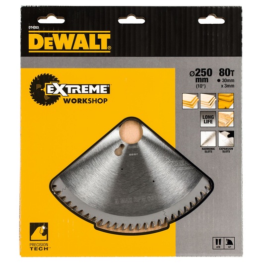 DEWALT DT4353 Extreme Workshop circular saw blade in its packaging. The blade is 250 mm (10 inches) in diameter with 80 teeth, designed for woodworking. The packaging is yellow and black with technical specifications and icons showing its features such as long life, harmonic slots, and expansion slots.