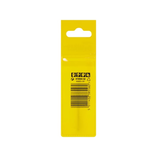 Yellow DEWALT DT4504 packaging with barcode and safety icons, viewed from the back.