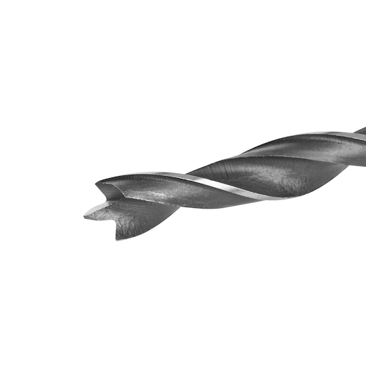 Close-up of the tip of a metal drill bit with a spiral design, shown on a white background.