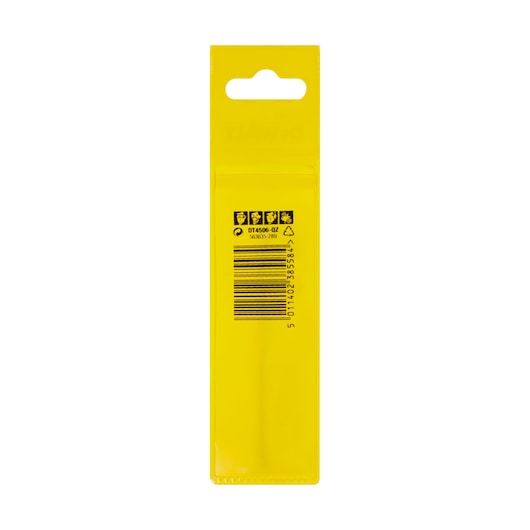Back view of DEWALT DT4506 product packaging. The packaging is yellow with a barcode, recycling symbol, safety icons, and text references. The top has a hanging hole for retail display.