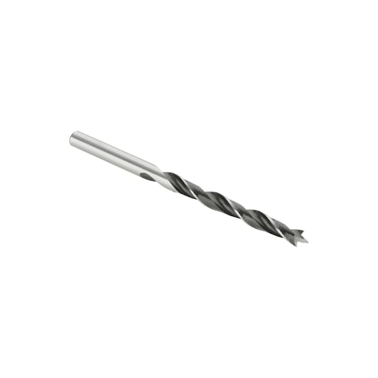 A close-up view of a metal drill bit with a pointed tip and spiral flutes, isolated on a white background.
