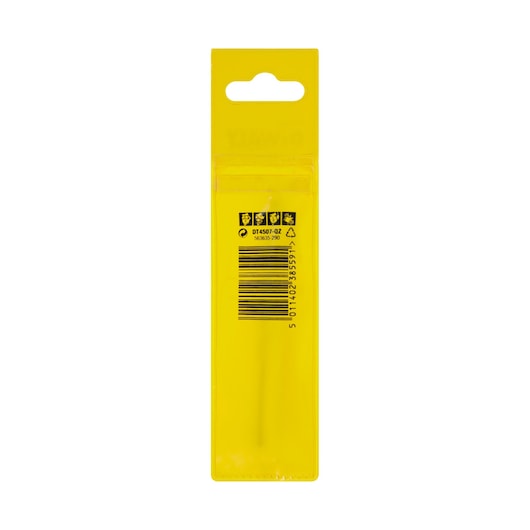 Back view of a DEWALT DT4507 product in yellow plastic packaging, featuring a barcode, safety icons, and product information label.