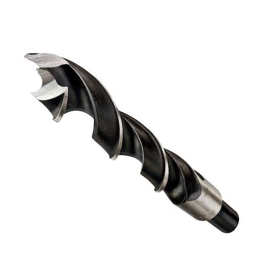 Close-up of a DEWALT DT4516 auger drill bit with sharp spiral flutes, used for wood drilling.