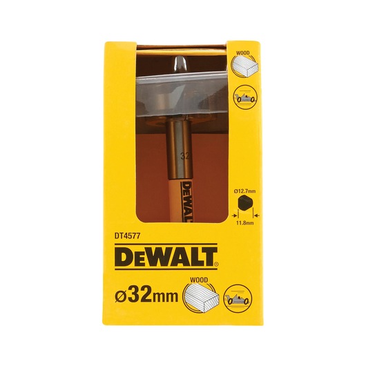 A DEWALT DT4577 wood drill bit in yellow packaging, showing the diameter of 32mm. The package displays icons indicating it is suitable for wood and provides dimensions and application illustrations.