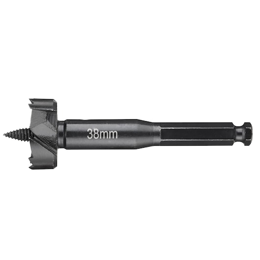 A DEWALT branded black wood drill bit with a hex shank and a labeled size of 38mm. The cutting tip features sharp edges and a threaded center point.