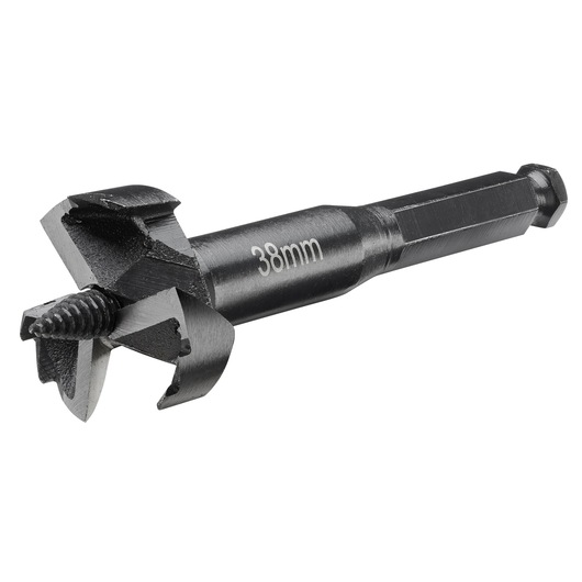A DEWALT 38mm wood drill bit with a hex shank and a threaded center point for precision drilling.
