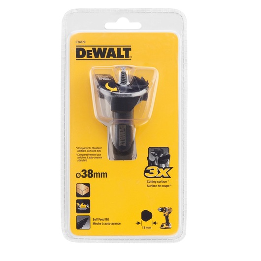 Packaged DEWALT self feed bit, model DT4579, 38 mm diameter. The tool is displayed in clear plastic packaging with a yellow and black branded card. The packaging highlights 3x cutting surface and mentions compatibility with drills.