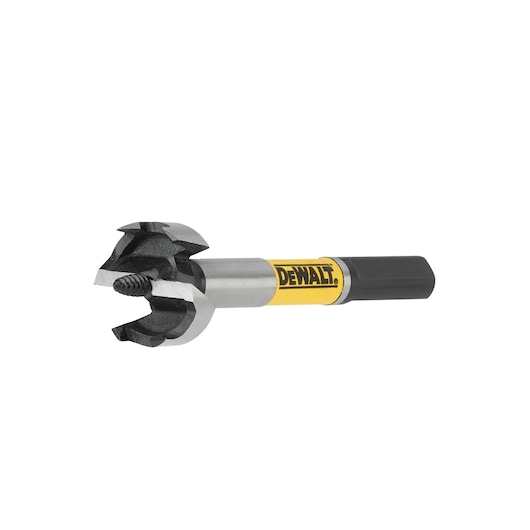A DEWALT branded wood drill bit with a hex shank and a sharp, multi-blade cutting head, shown against a white background.