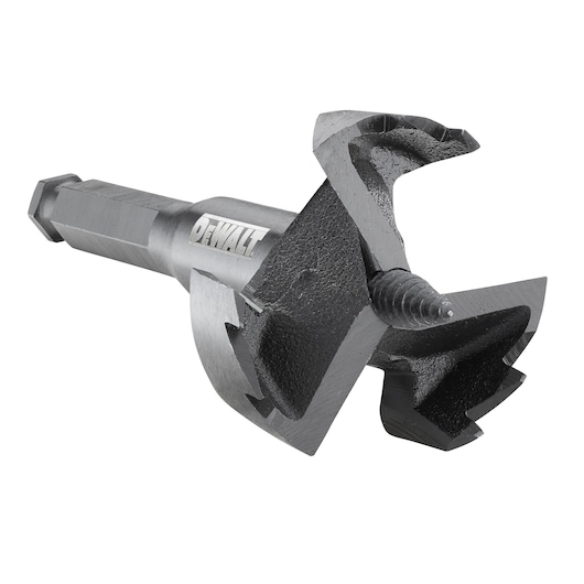 Close-up of a DEWALT branded auger drill bit with a threaded tip, designed for drilling large holes in wood.
