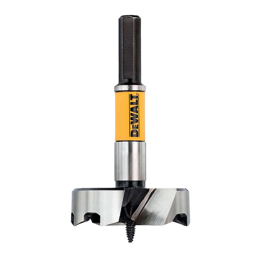 A DEWALT brand hole saw drill bit with a yellow middle section, sharp cutting blades, and a central screw tip, designed for boring holes in wood or other materials.
