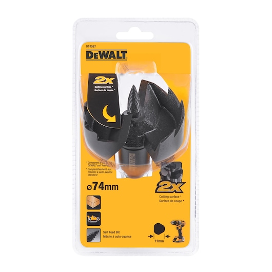 DEWALT self feed bit, Ø74mm, in pack. SKUs: DT4587, DT4587-QZ. Photography category.
