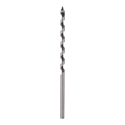 Straight DEWALT auger drill bit with spiral flutes for woodworking, shown vertically on a white background.