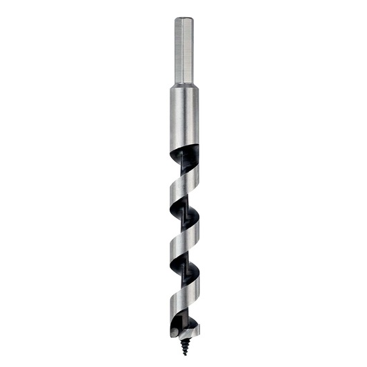 Metal auger drill bit with hex shank shown upright against a white background.