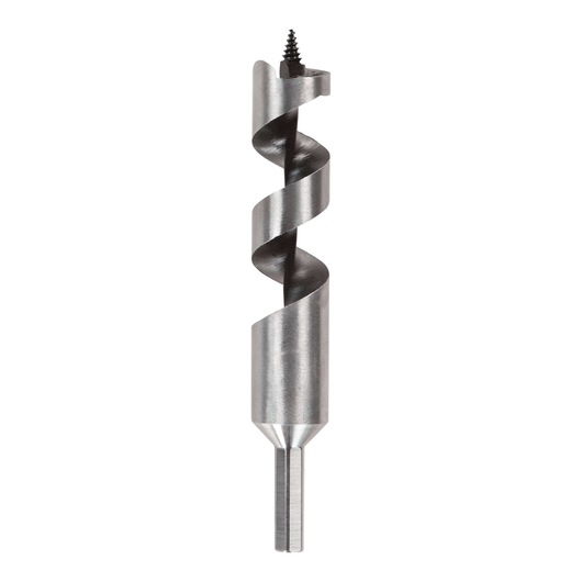 A metallic auger drill bit with a spiral design and a threaded tip, displayed on a white background.