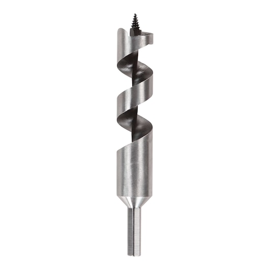 A close-up image of a metal auger drill bit with a screw tip, designed for woodworking, displayed vertically on a white background.