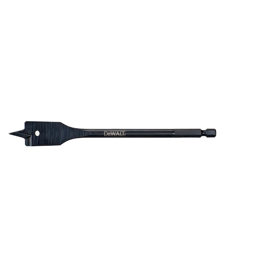 A DEWALT branded flat wood drill bit with a hex shank, designed for fast and precise drilling in wood, photographed on a white background.
