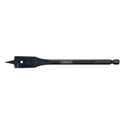 A DEWALT flat wood spade drill bit, used for drilling large holes in wood. The bit is black with a hex shank and a sharp, pointed tip on a wide flat blade.