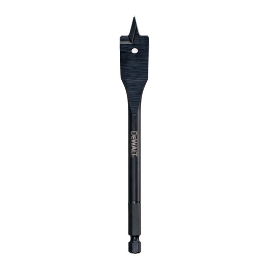 A DEWALT flat wood drill bit with a hexagonal shank, designed for boring holes in wood. The bit is black and has a pointed tip with sharp edges for efficient cutting.
