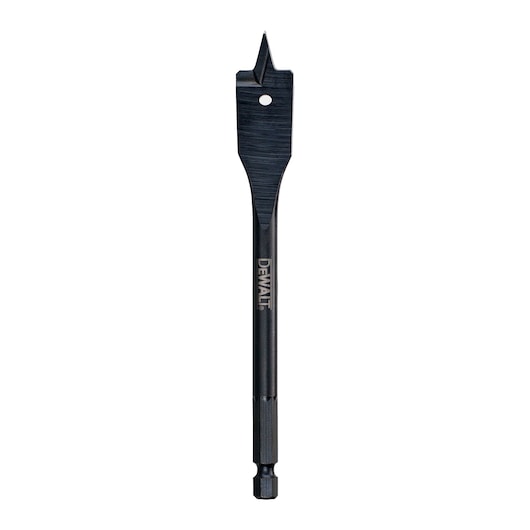 DEWALT flat wood drill bit with a pointed tip and hex shank, designed for fast and accurate drilling in wood.