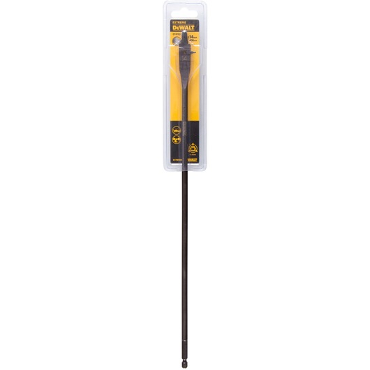 DEWALT DT4783 long flat wood drill bit in packaging, 14mm size, black and yellow, for woodworking projects.