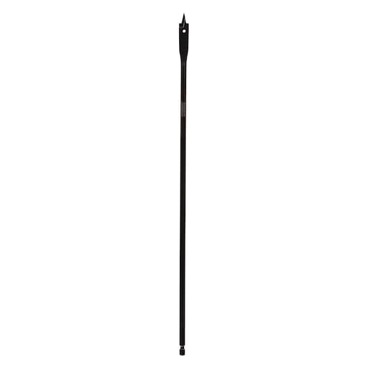 A long, black DEWALT flat wood spade drill bit with a pointed tip, designed for drilling large holes in wood. The shank and tip are clearly visible against a white background.