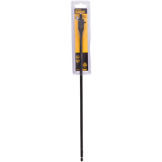 A DEWALT Extreme flat wood drill bit, 16mm diameter, in its original plastic and cardboard packaging. The item has a long black shaft and is displayed vertically.