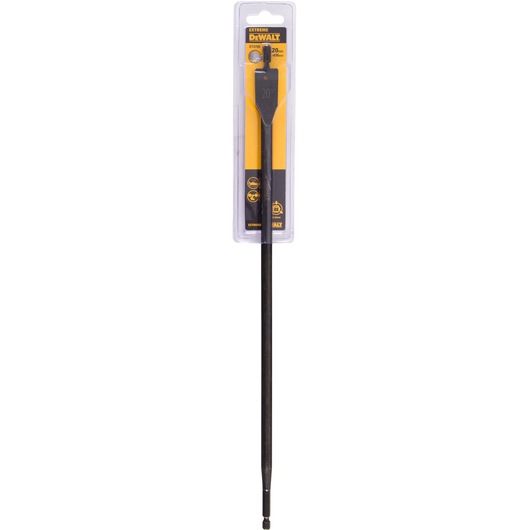 A DEWALT Extreme flat wood drill bit, 20mm size, in retail packaging. The long black drill bit has a wide flat tip and is displayed vertically in a clear plastic blister pack with yellow and black branding.