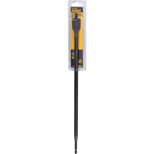 A DEWALT branded long flat wood drill bit in its packaging. The product is labeled 'Extreme' and is designed for drilling large holes in wood. The packaging is black and yellow with product information visible at the top.
