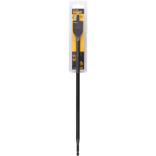DEWALT DT4791 long flat wood drill bit in its retail packaging. The drill bit is black and has a hex shank and wide flat head.