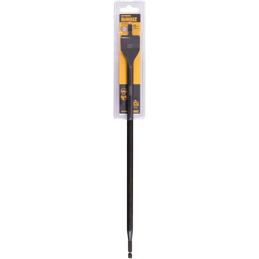 DEWALT DT4792 flat wood drill bit in packaging, 32mm diameter, long shaft, suitable for woodworking tasks.
