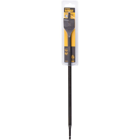 A DEWALT branded flat wood drill bit in its packaging. The bit is long with a wide, flat tip labeled '35' and is suitable for drilling large holes in wood.