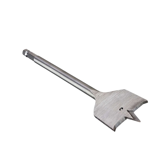 A flat wood spade drill bit with a hex shank, used for making large holes in wood. The bit is metallic with a wide cutting edge and pointed tip.