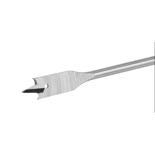 Close-up image of a DEWALT flat wood drill bit with a sharp pointed tip and silver metallic finish, designed for woodworking.