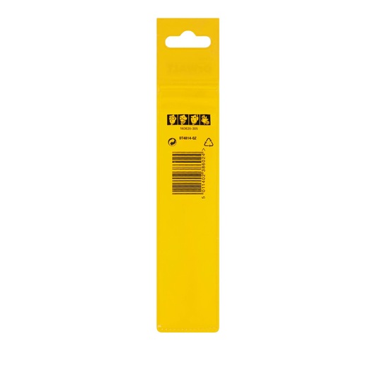 Back view of a DEWALT DT4814 product package in yellow, featuring safety icons, product code, barcode, and recycling symbol.