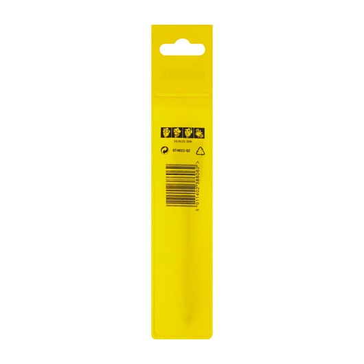 Back view of a yellow DEWALT DT4822 product packaging, featuring four safety icons, a barcode, recycling symbols, and product details.